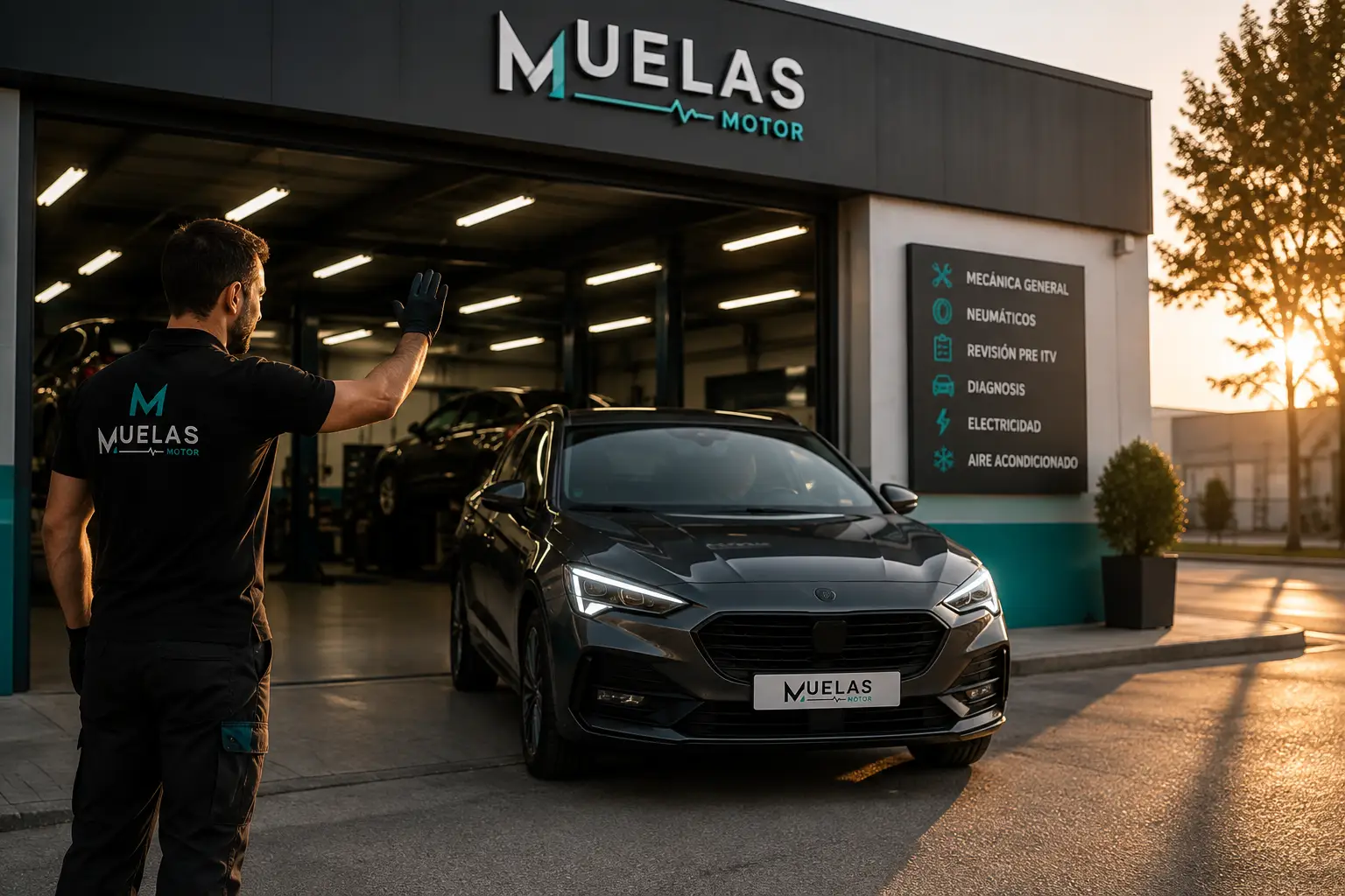 Vehículo saliendo del taller Muelas Motor tras una revisión completa en Móstoles.