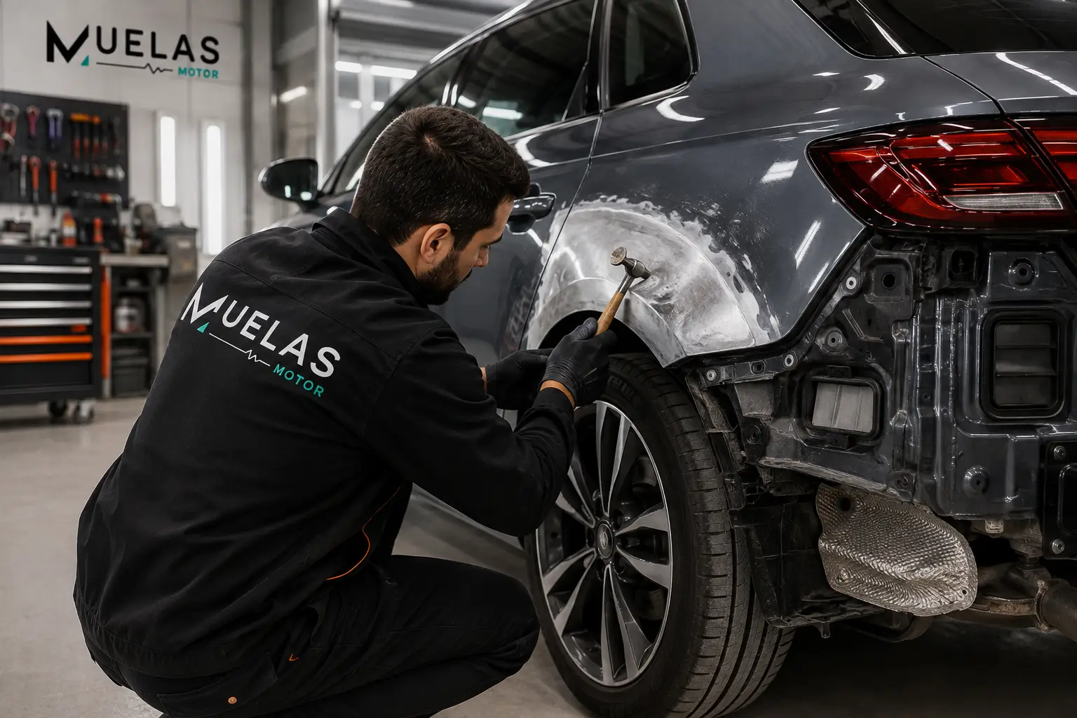 Técnico de Muelas Motor reparando la carrocería de un vehículo en el taller de Móstoles